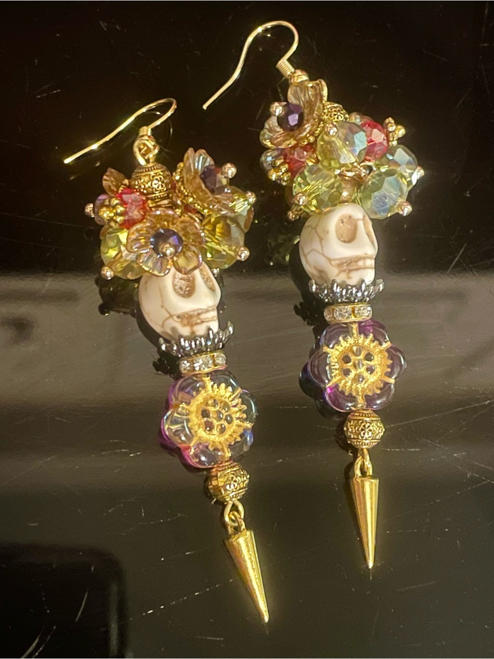 Gold-Tone Multi-Color Skull Drop Earrings for Women